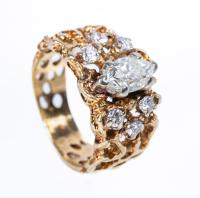 Ladies 14K Yellow Gold and Diamond Dinner Ring Centered with a <3/4> Carat Marquis Cut Diamond Surrounded by 6 Accent Diamonds