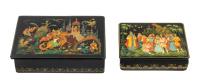 Two Vintage Russian Lacquer Boxes Likely Early 1980s with Astonishing Gold and Silver Hand-Painted Highlights, Scrollwork and Tr