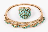 Ladies 14K Yellow Gold Hinged Bangle Bracelet with Persian Turquoise and Matching Ring