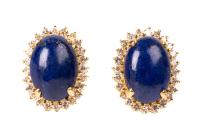 Ladies Earrings in 18K Yellow Gold with Premium Lapis Cabochons and Accent Diamonds