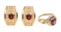 Elegant 14K Yellow Gold and Garnet Earrings with Complimenting 14K Gold Dinner Ring with all Garnets Matching in Color, Perfectl