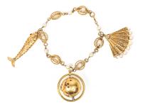 Charming, Ladies 14K Yellow Gold Link Bracelet with Three Superior Charms and Accent Pearls