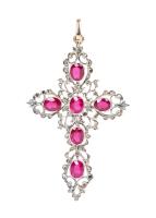 Beautiful Florentine Cross Pendant in 6K Yellow Gold and Sterling Silver, Synthetic Rubies Surrounded by Accent Diamonds