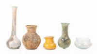 Group of Six Roman Glass Vessels Including Ribbed Globular Jar and Amber-Hued Flask