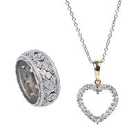 Vintage/Antique 14K Yellow and White Gold Diamond Heart Pendant and Chain Plus 1920s Petite Antique Ring