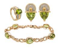 Stunning Ensemble for the Lady in 14K Yellow Gold and Peridot. Mint, Never Worn. Ring, Bracelet, and Earrings