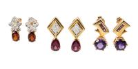 Stylish and Colorful Ladies Post Earrings in 14K Yellow Gold with Garnets or Amethyst and Tiny Accent Diamonds