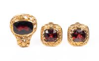 Striking Ensemble of 14K Yellow Gold and Garnet Earrings and Pendant, Mint
