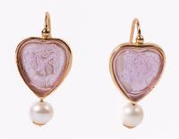 Lovely Pair of Italian Hoop Earrings in 14K Gold with Hand Carved, Heart Shaped Amethyst with Busts of Two Goddesses