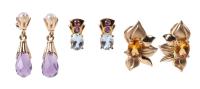 Three Pair Colorful and Appealing Post Earrings in 14K Yellow Gold and Semi-Precious Stones.