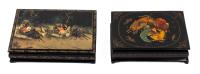 Two Russian Lacquer Boxes with Traditional Russian Decoupage and Hand Painted Gilt Gold Trim