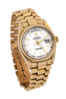 Men's Oyster Perpetual 18K Yellow Gold Automatic Rolex Ref 18038 Center Seconds, Day, Date, President Bracelet ca. 1984