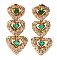Ladies Splendid 18K Yellow Gold, Emerald and Diamond Heart-Shaped Dangling Earrings Boasting Consummate Craftsmanship