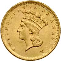 1856 $1 Gold Indian. Slanting 5 MS60 plus