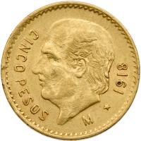 Mexico. 5 Pesos, 1918-M VF to XF