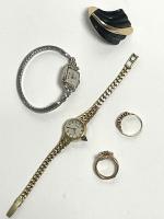 Balance of Jewelry Consignment: 14K Yellow Gold Watch, 14K Yellow Gold and Onyx Ring, Two Rings in 12K Yellow Gold