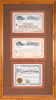 A trio of colorful framed Obsolete Western Stock Certificates