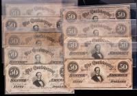 February 17, 1864. 50 Dollar Notes. Group of 10 Notes. Average grade Fine