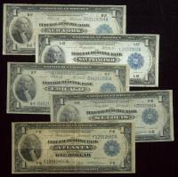 5-piece lot of different 1918, $1 Federal Reserve Bank Notes