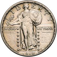 1918-D Liberty Standing 25C Sharpness of About Unc