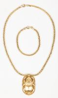 Striking 18K Yellow Gold, Egyptian Made Ensemble of Scarab, Pendant, Chain and Matching Chain Bracelet.