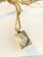 Ladies 18K Yellow Gold Initial Pendant with the Letter "D" Set with Bright White Baguette Diamonds Suspended on 10K Gold Chain