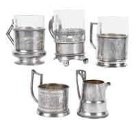 4 Russian Podstakanniks (Tea Glass Holders) All 84 Silver with Two 20th Century and Two 19th Century plus 84 Silver Creamer 20th