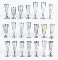 Twenty (21) Russian, Trumpet Shaped, 84 Silver Kiddush/Vodka Cups, The Bulk from the 19th Century in Overall Excellent Condition
