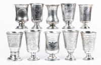 10 Late 19th Century Short Footed Imperial Russian, 84 Silver Kiddush Cups with Ornate Engravings and Niello Inlays