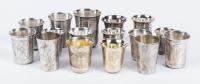 Twelve (12) Small Kiddush Cups Mix of 18th and 19th Century, 84 Silver with Two Matching Pair and Two Having Gold Gilt