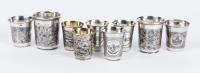 Nine (9) Russian Kiddush Cups all Having Expertly Crafted Niello Inlays. Collection includes Three (3) Pairs of Matching Cups an