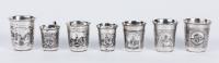 Seven Russian Kiddush/Vodka Cups, all 84 Silver with Niello Inlays and all Having Striking, Expertly Engraved Cityscapes