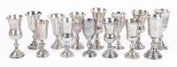 14 Russian, Stemmed Kiddush Cups. Thirteen (13) are 84 Silver one Sterling. All Have Fine Engravings but Have Issues Handling Is