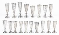 Eighteen (18) Russian, Trumpet Shaped, 84 Silver Kiddush/Vodka Cups, All Having Wonderful Engraving but Display Compressions on