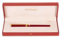 S. T. Thomas Cartridge Fountain Pen with 18K Yellow Gold Nib and Red Chinese Lacquer Barrel, 1991. Original Box, Papers Refills
