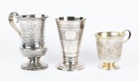 Two Antique Christening Tankards from Russia of Quality and One Unusual Beaker Style Kiddush Cup all Three 19th Century, 84 Silv