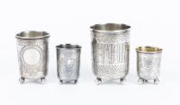 Four 19th Century 84 Silver Footed Kiddush Cups all with Fine Engravings one Especially Unique