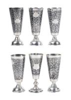 Six Russian Trumpet Shaped Kiddush Cups in 84 Silver Having Superb Craftsmanship: A Matching Trio, a Matching Pair and a Single