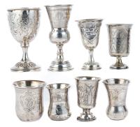 Collection of Eight (8) Kiddush Cups of Various Sizes and Shapes, All 84 Silver, Mix of 19th and 20th Century One Especially Fin