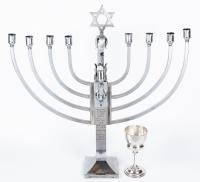 Inscribed Wartime Menorah Presented to Jewish U.S. Service Members, 1943 + Sterling Silver Kiddush Cup WWII Memorial to Fallen S