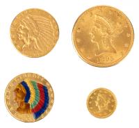 Four Reproduction Coins in 22K Yellow Gold Perfect for Jewelry. $10 Coin, Two $5 Coins and $1 Coin