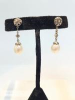 Ladies Lovely 14K White Gold, Pearl and Diamond Drop Earrings