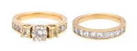 Beautiful, Custom Made Bridal Set with Center 3/4 Carat Diamond Flanked by Two Radiant Cut Fancy Light Yellow Diamonds. Ring Tot