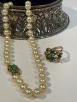 Ladies Beautiful Ensemble of Pearls with Exceptional Luster and a Fine 14K Yellow Gold and Jade Clasp plus a 14K Gold and Jade R