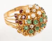 Ladies Vintage Cluster Ring, an Explosion of Rubies, Diamonds, Sapphires, Emeralds and Pearls set in 14K Yellow Gold