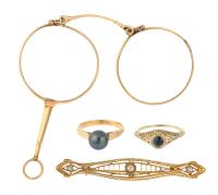 Collection of Vintage and Antique Jewelry: Two Rings, One Lovely Deco Style Pin with Diamonds and an Antique 14K Yellow Gold Lor