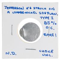 (ND) Jefferson Nickel MINT ERROR struck 85% Off-center on a Copper-Nickel 10&Acirc;&cent; Planchet. Unc
