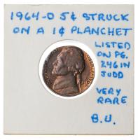 1964-D Jefferson Nickel MINT ERROR struck on a 1 Cent Copper Planchet. Brilliant Unc