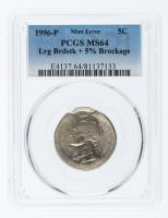 1996-P. Jefferson Nickel Mint Error. PCGS graded MS64 Lrg Brdstk + 5% Brockage