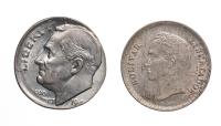 1946 Roosevelt Dime MINT ERROR struck on a Venezuela &Acirc;&frac14; Bolivar silver Planchet. Brilliant Unc